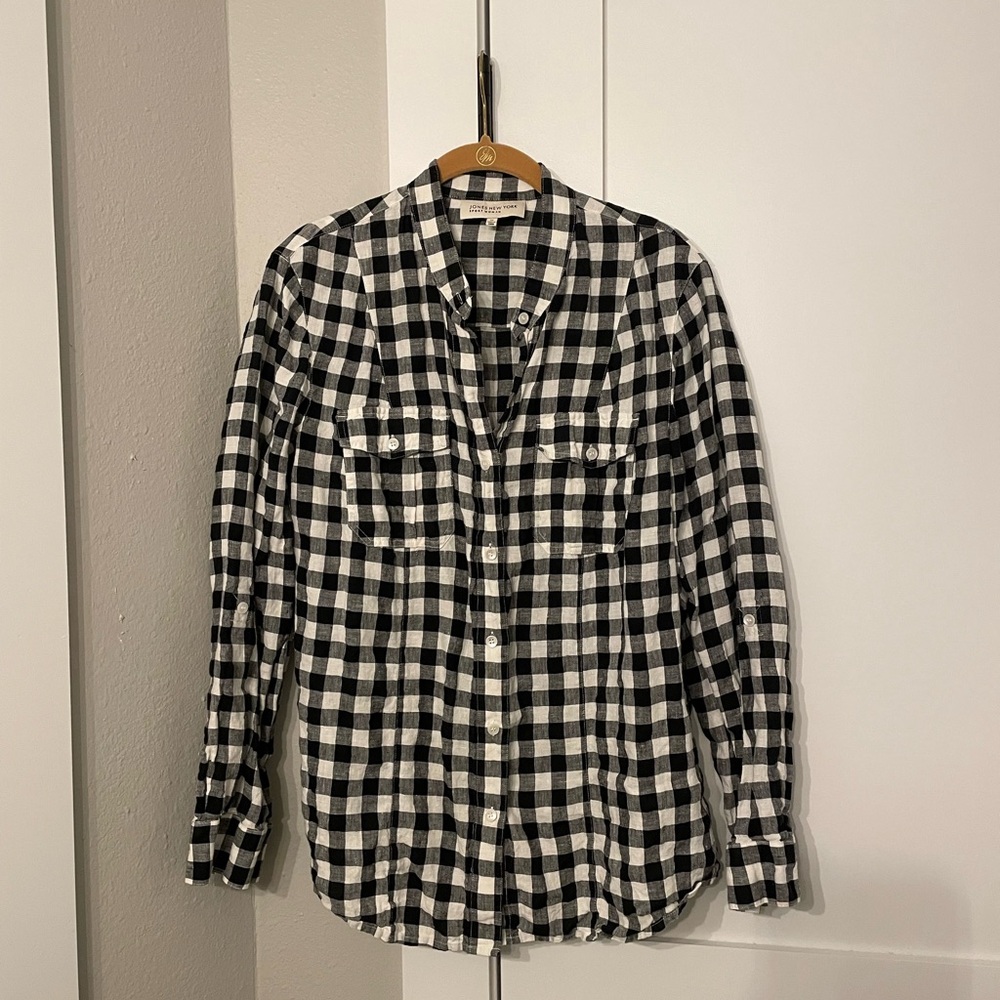 Jones New York Black and White Plaid Linen Shirt 1X